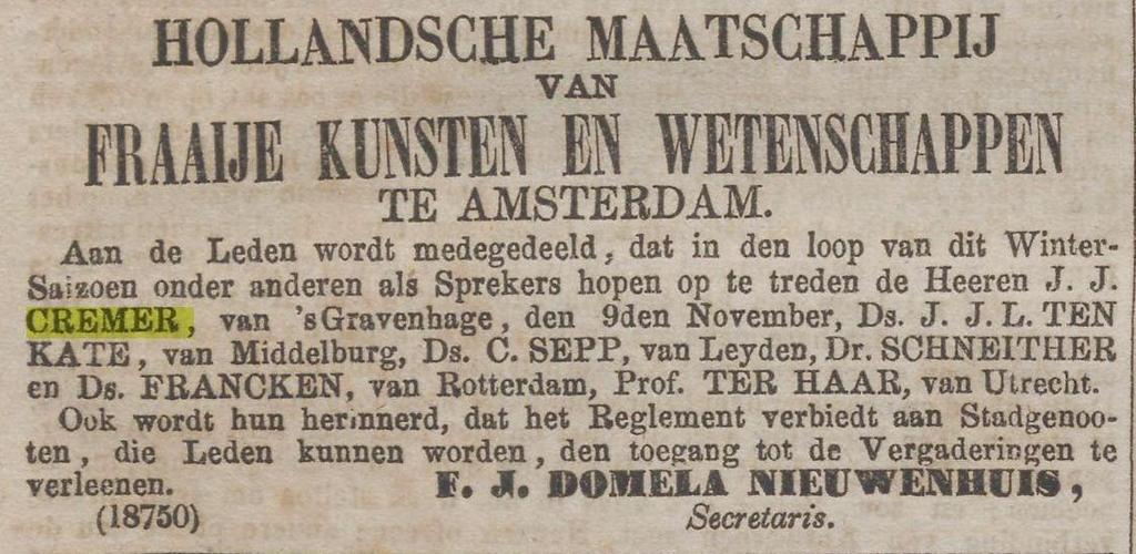 Algemeen handelsblad, 9 november 1857: Ferdinand Jacob Domela Nieuwenhuis was Luthers predikant in Amsterdam en de vader van Ferdinand Domela Nieuwenhuis, de socialistische politicus.