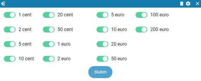 Standaard staan alle munten en de biljetten van 5 tot 200 euro aan. Door nogmaals op te klikken ga je terug naar de app.
