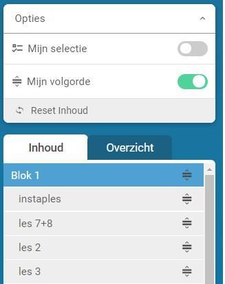 Via 'Mijn selectie' kunt u hoofdstukken of lessen uitvinken of terug aanvinken. De uitgevinkte lessen worden niet meer getoond.