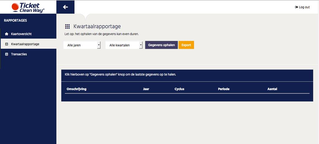 4 Kwartaalrapportage exporteren selecteer in het menu Kwartaalrapportage selecteer vervolgens de gewenste kaarten klik op Gegevens ophalen.