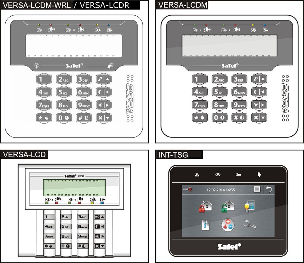 1. Bediening van het alarmsysteem met een bediendeel Met de volgende type bediendelen van SATEL kunt u de VERSA Plus alarmsystemen bedienen: INT-TSG bekabeld touchscreen bediendeel (het bedienen van