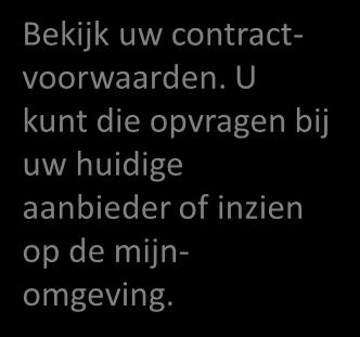 Let op Achterhaal uw huidige contract- en opzegtermijn Bekijk uw contractvoorwaarden. U kunt die opvragen bij uw huidige aanbieder of inzien op de mijnomgeving.