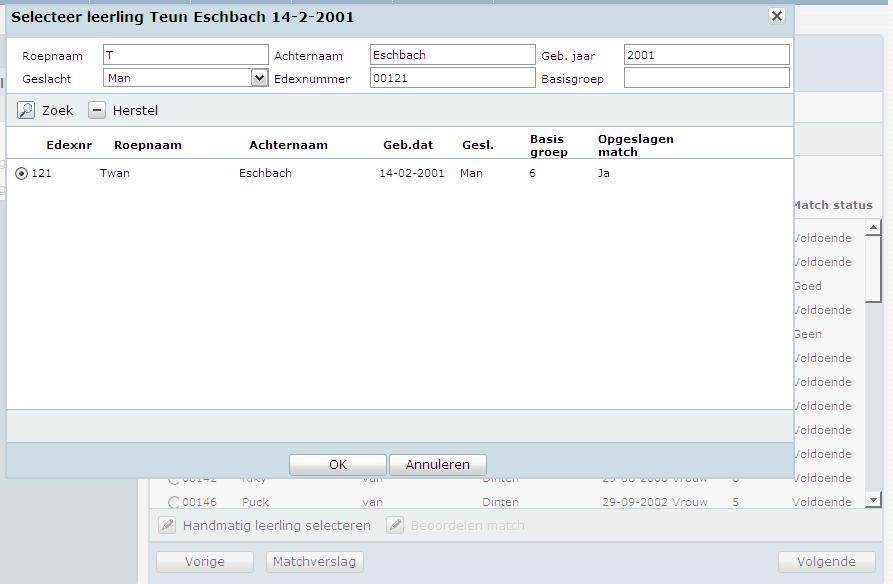 17. Leerling-gegevens met matchstatus Geen kunt u handmatig matchen door op <Handmatig leerling selecteren> te klikken. U kunt nu een leerling zoeken waarmee u de match wilt maken.