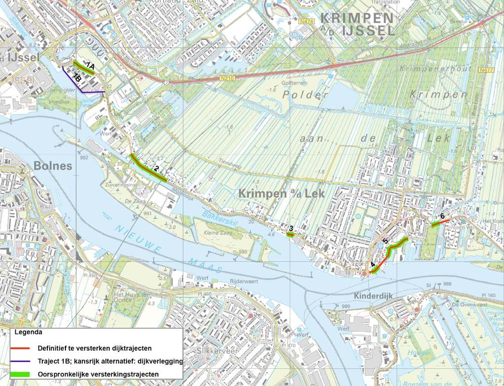 Figuur 1 Locatie oorspronkelijk en definitief te versterken dijktrajecten. Traject 1B: kansrijk alternatief op de dijkversterking van traject 1A.