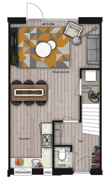 115 m2 Royale woonkamer met open keuken Modern, strak exterieur Openslaande deur naar