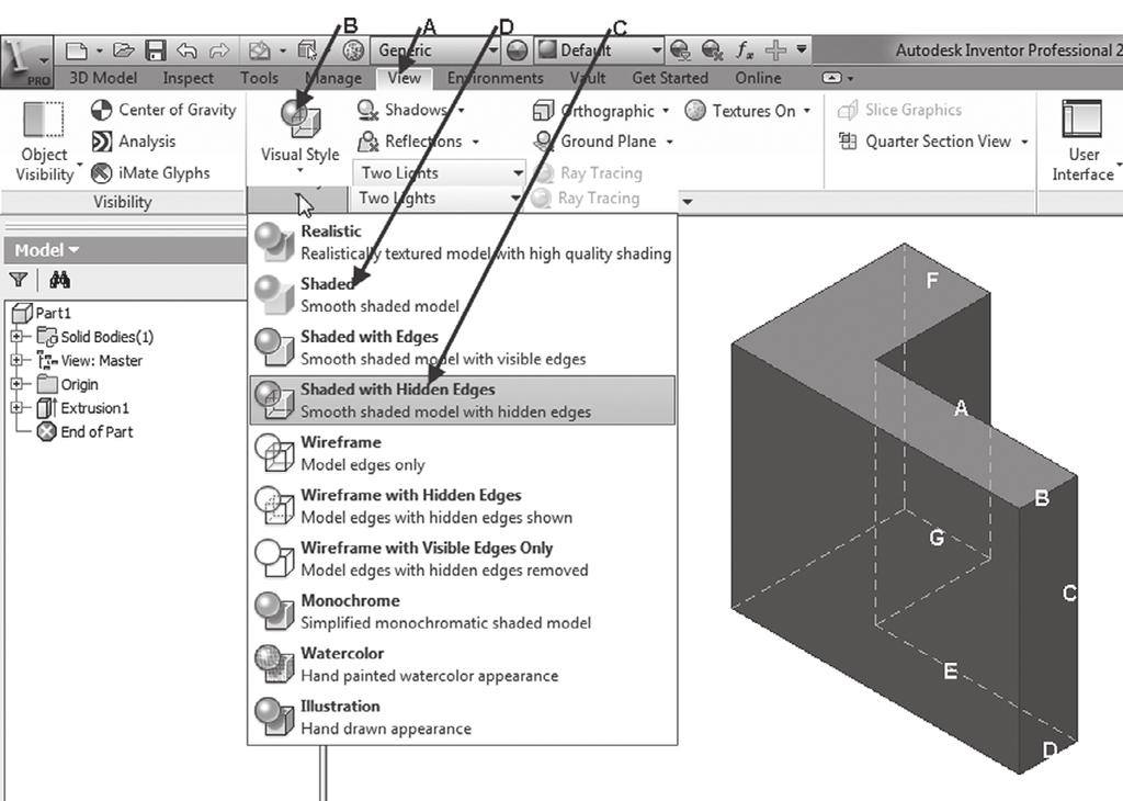 2.1 USER INTERFACE EN DE FEATURES EXTRUDE, FILLET EN CHAMFER 13 Het profiel extruderen Klik 3D Model (figuur 2.7, A). De bij 3D Model horende commando's verschijnen. (Als de ribbon van figuur 2.