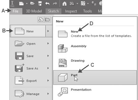 Templatefiles Omdat we al iets hebben gedaan in Inventor is de tab Get Started niet meer actief en gaan we nu een templatefile via File invoeren (via het opnieuw klikken van