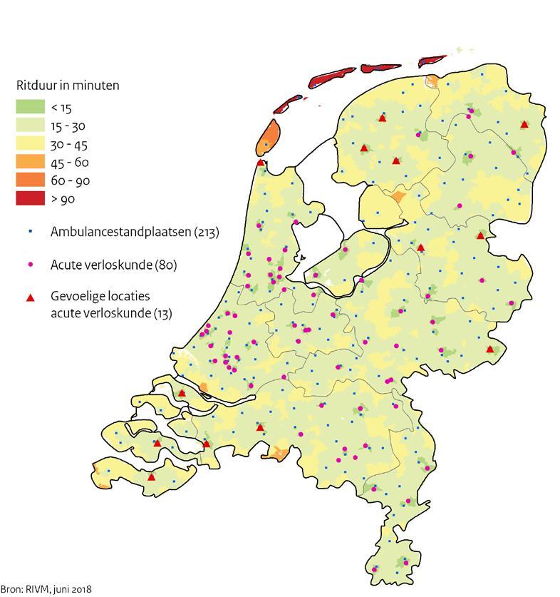 Figuur 2: Bereikbaarheid van 80 ziekenhuizen met 24/7 specialistische functie acute verloskunde en de locaties van de