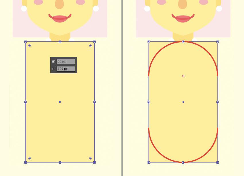Stap 1 Maak een gele rechthoek van 60 x 105 px voor het lichaam en maak de hoeken volledig afgerond met behulp van het gereedschap Directe selectie (A) en de functie Live Corners.