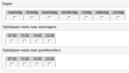 c. Het blok Tijdstippen mails naar goedkeurders Hier kan u beheren op welke tijdstippen de gebruikers met de rol Goedkeurder een e-mail kunnen ontvangen.