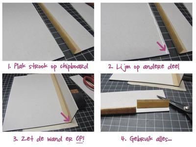 Voor we gaan starten, leg ik eerst uit hoe je wanden van chipboard plakt. Als eerste plak je een strook van kraftpapier op de rand van een van de twee delen die je aan elkaar wilt maken.