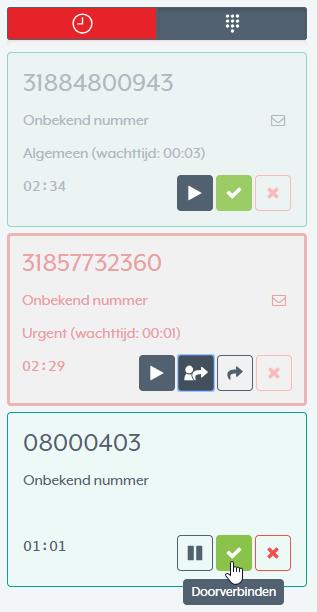Hieronder ziet u dat de lijn die u als eerst aan de telefoon had nog in de wacht staat (31884800943) en dat u bij de urgente lijn een doorverbindactie aan het doen bent naar een