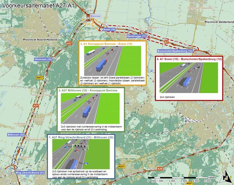 A27 Zowel de oost- als de westbaan van de A27 wordt tussen aansluiting Ring Utrecht-Noord (31) en knooppunt Eemnes uitgebreid van twee naar drie rijstroken met een ruimtereservering in de middenberm