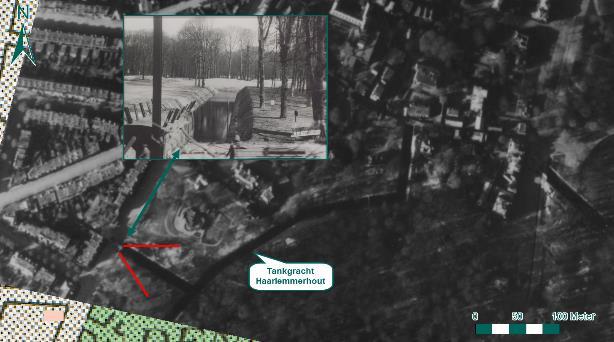 Figuur 122: Tankgracht in de Haarlemmerhout op een luchtfoto van 7 april 1945, met foto genomen vanaf de Wagenweg (Bron: NHA, NL-HlmNHA_54007757, mei 1944).