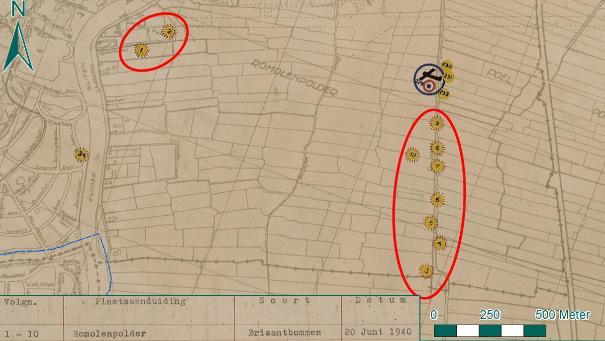 Figuur 9: Bominslagen in de Romolenpolder, rood omcirkeld op de bommenkaart (Bron: Beeldbank NHA). Een luchtfoto van 10 juli 1940 is geraadpleegd ter verificatie van de bommenkaart.
