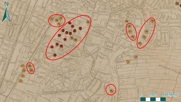 In Figuur 24 zijn de bominslagen van 3 oktober 1940 op de bommenkaart met rood omcirkeld. Figuur 24: Uitsnede van de bommenkaart. Inslagen van 3 oktober 1940 zijn rood omcirkeld (Bron: Beeldbank NHA).