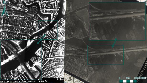 Figuur 95: Ingepaste luchtfoto s d.d. 7 april 1945 (links) en 16 februari 1945 (rechts). Het beoogde doel (de spoorbrug) en het geïnundeerde weiland waar de bom explodeerde zijn uitvergroot.