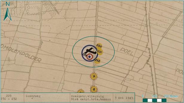 Figuur 105: Crashlocatie op de bommenkaart (met groen omcirkeld. Bron: Beeldbank NHA). Uit het geraadpleegde bronnenmateriaal blijkt dat het vliegtuig relatief intact neerkwam.