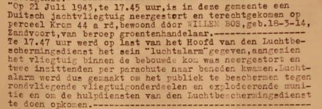 Figuur 107: Uitsnede documenten van de Haarlemse luchtbeschermingsdienst (Bron: NHA, Toegang 1539) De vliegtuigcrash vond plaats in bebouwd gebied.