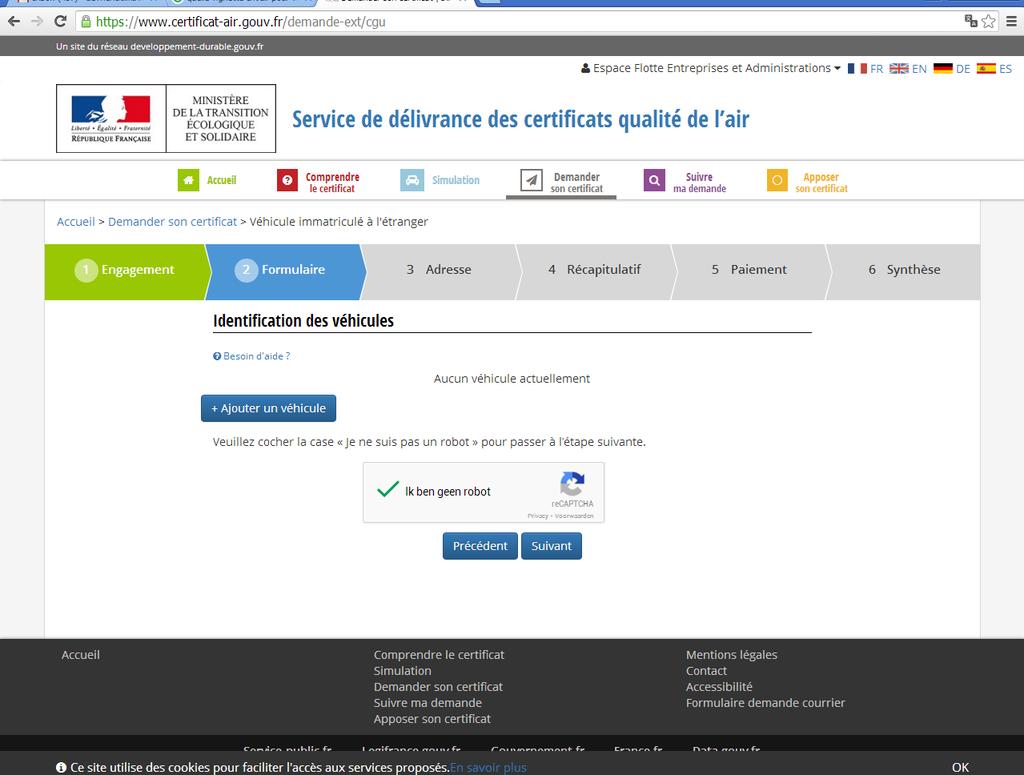 6 : Klik op Ajouter un véhicule, vink ik ben geen robot aan en klik dan op suivant ( een voertuig toevoegen ) Het is mogelijk dat een