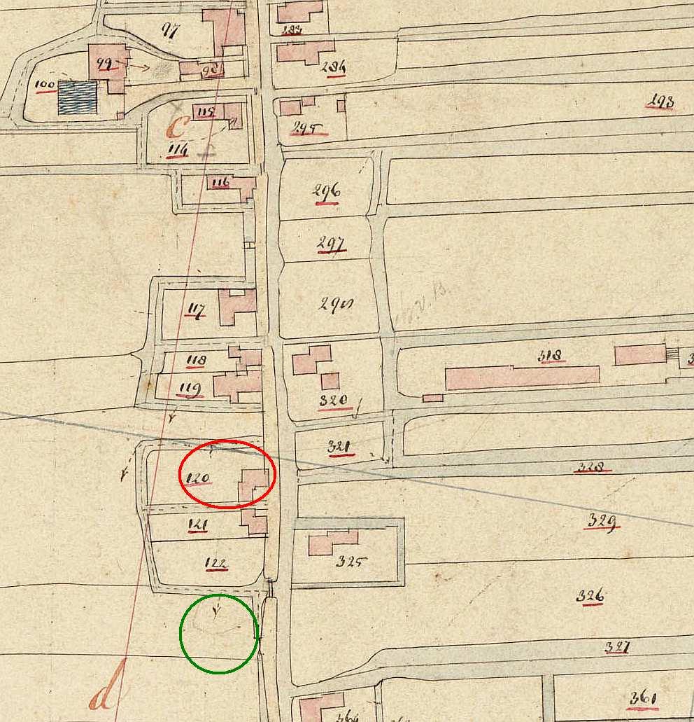 Het minuutplan uit 1827 met daarop in het rood omcirkeld het huis van Willem Kat, vanaf circa 1855 eigendom van de erfgenamen van Jan Oudkerk (1800-1851), waarop