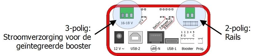 4.6.1. Stroomverzorging en rails aansluiten De aansluiting van de stroomverzorging en de rails aan de versies "Booster" en "Booster-R" gaat middels aansluitklemmen stekkers.