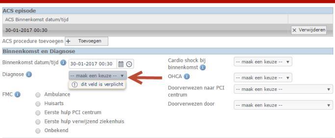 Figuur 9 Diagnose Stemi/Non-Stemi Als u Stemi registreert wordt er gevraagd of de Onset datum/tijd bekend is.