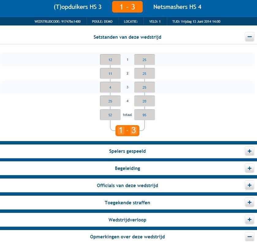 4. Direct na de wedstrijd Direct na de wedstrijd dienen een aantal gegevens gecontroleerd te worden: - Setstanden en uitslag van de wedstrijd; - Spelers die gespeeld hebben; - Toegekende kaarten.