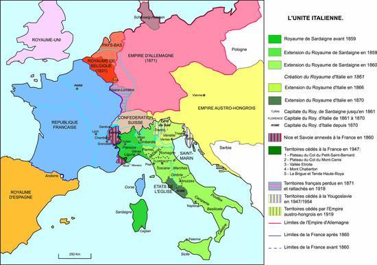Figuur 3: De vorming van de landsgrenzen van de Savoie en van Italië (bron: http://www.sabaudia.org/3142-unite-italienne.