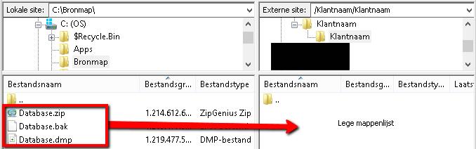 4. Database uploaden Selecteer de doellocatie waar de database moet komen te staan (secured FTP server Visma) a. Kies in het linker scherm de map met het te uploaden bestand b.