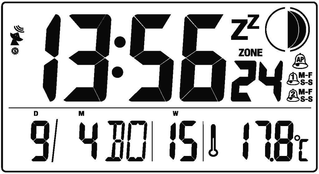 Display 4 5 4 Sekonden zomertijd (DST) radiosignaal Uren 5 6 7 8 Minuten sluimer Maanfasen Zeitzonen Symbol 9 0 alarmes Dag Maand Dag van de week 4 Week Temperatuur In gebruik nemen / vervangen van