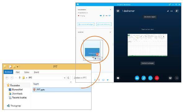 Bestanden of afbeeldingen delen Bij een ongeplande vergadering tussen twee personen kun je het bestand slepen naar