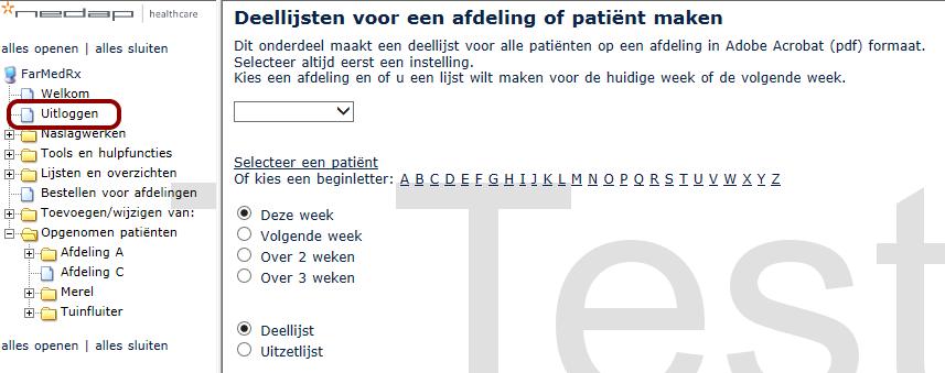 Medicatiedeellijsten inzien Na het inloggen kan men een deellijst afdrukken van een afdeling of patiënt.