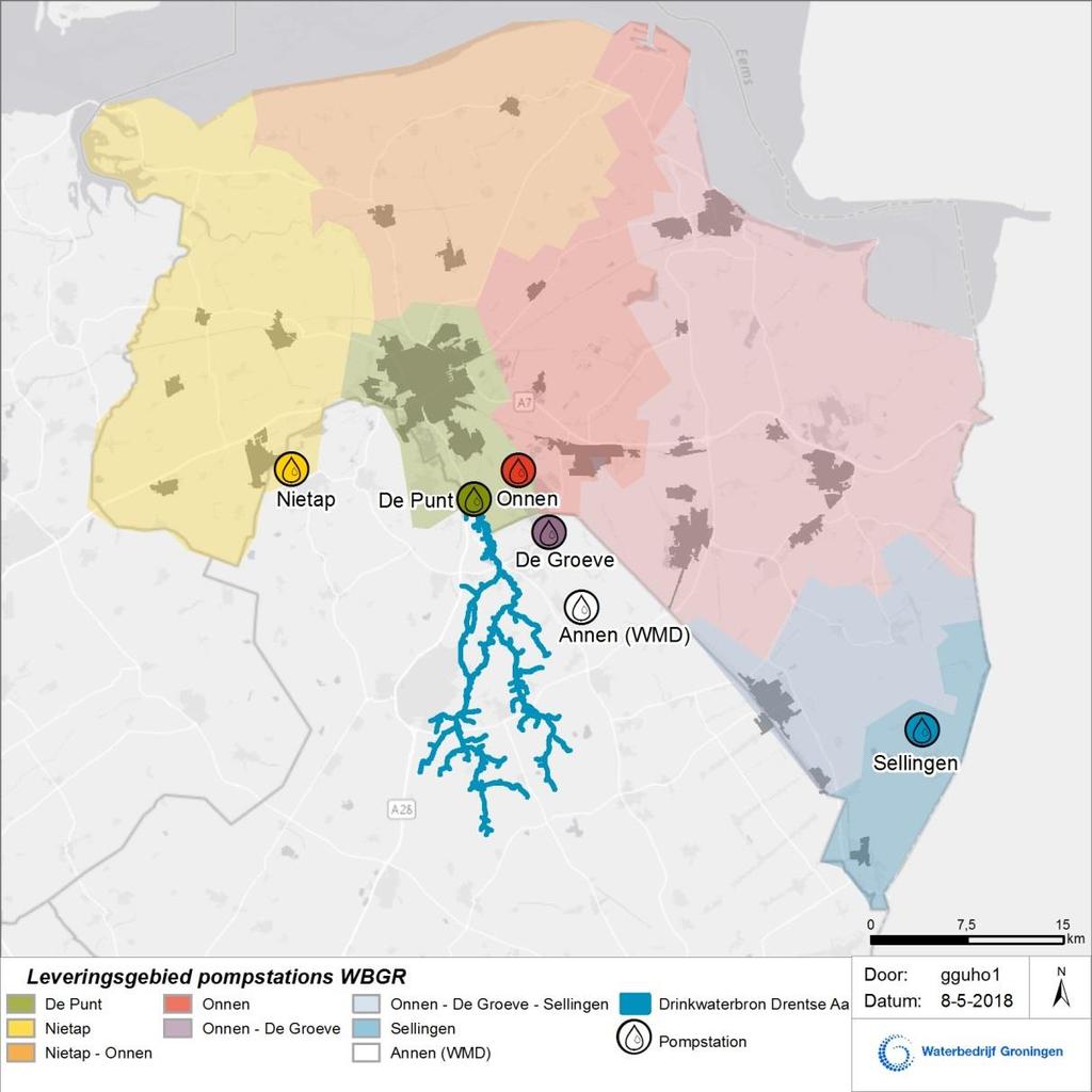Figuur 2-2 Voorzieningsgebied van de grondwaterwinningen van Waterbedrijf Groningen 2.3 Winhoeveelheden Onnen Het vergunde onttrekkingsdebiet van de grondwaterwinning Onnen is 19,8 miljoen m 3 /jaar.