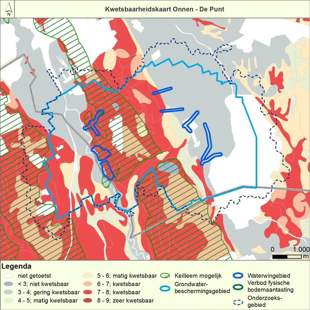 grondwaterwinningen Onnen en De Punt is weergegeven in figuur 4-6. Voor de kleurtoekenning geldt: hoe roder de kleur, des te kwetsbaarder het gebied.