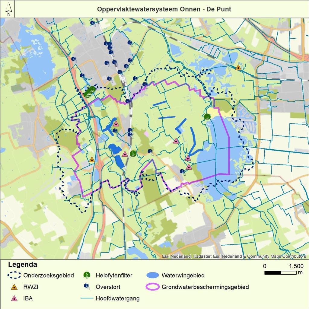 Figuur 6-4 Oppervlaktewatersysteem Onnen - De Punt Overige lijnbronnen Er bevinden zich twee buisleidingen van de Gasunie in het grondwaterbeschermingsgebied en een buffer van 2 km daarbuiten.