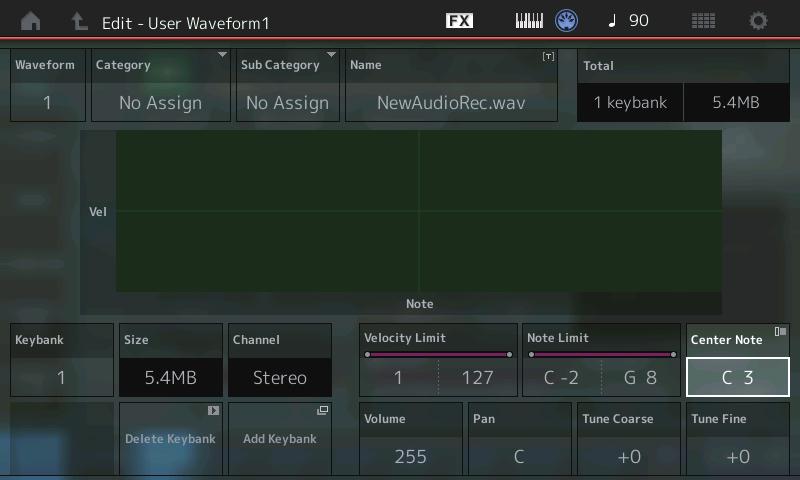 Part Edit (Edit) Element Edit (Element) Osc/Tune (oscillator/stemmen) Edit Waveform De instelling Center Note is toegevoegd.