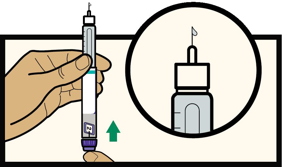Stel een 2-eenhedentestdosis in Stel een testdosis van twee eenheden in door de doseerknop te draaien totdat het zwarte streepje bij 2 staat.