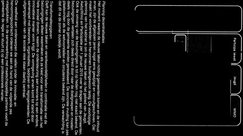 De voorlopige planning van het kabinet is om de nieuwe taken op het gebied van Jeugd, AwbzNVmo en Participatie per 1 januari 2015 over te dragen aan de gemeenten.