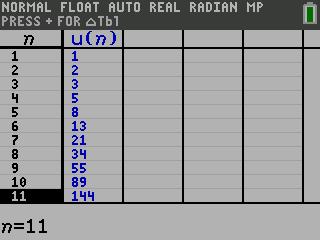 2.2 Recursieve formules [2] Voorbeeld 1: Bereken de 12 de term van deze rij Stap 4: De uitkomst kun je vinden via 2ND GRAPH De 12 de term (u 11 ) heeft de waarde 144.