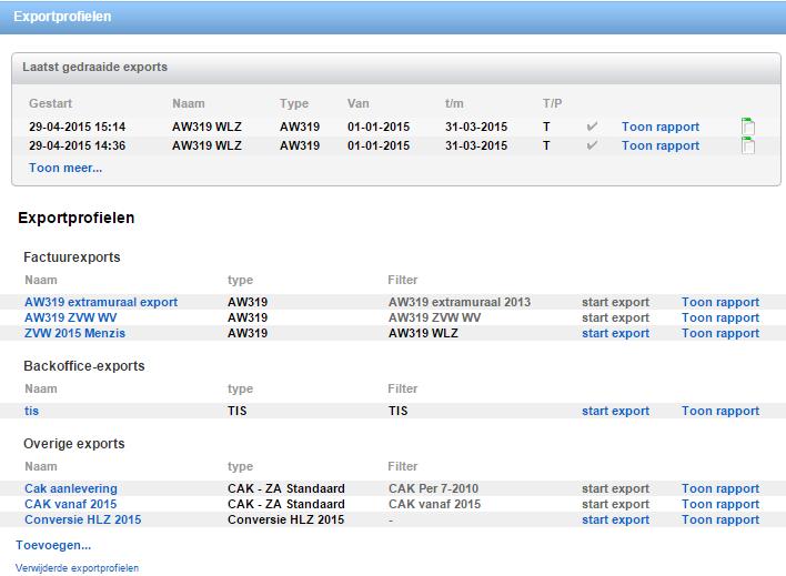 Overzicht Dit is het ovezicht van alle gemaakte exportprofielen. Om een exportprofiel te wijzigen, klik op de naam van het betreffende profiel.