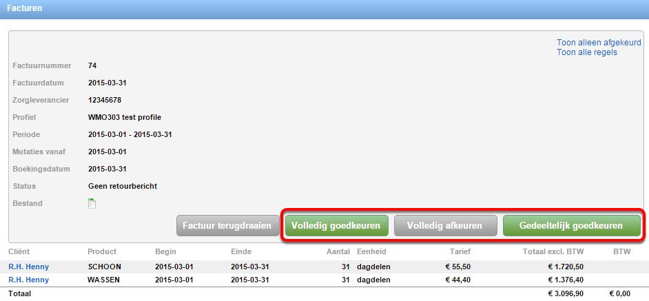 Navigatie Ga naar Facturatie> Factuuroverzicht > selecteer een factuurtype > klik achter de debiteur op 'details'. Het volgende overzicht wordt zichtbaar.