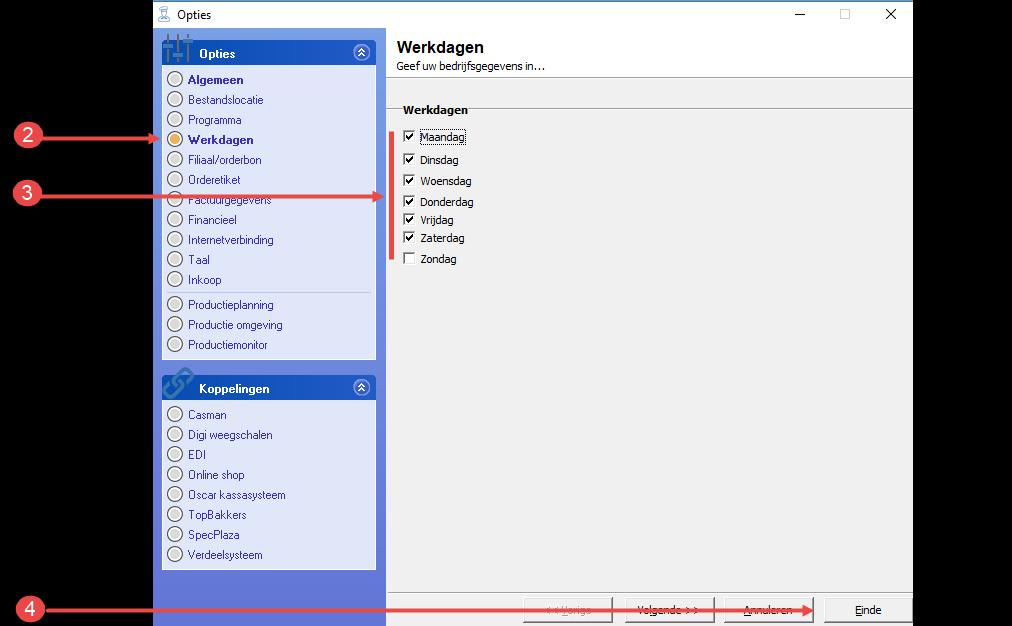 2. Klik op de rubriek Werkdagen 3. Schakel de werkdagen in. 4.