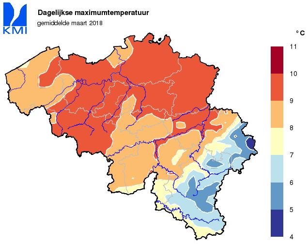 2. Klimatologisch overzicht voor België, maart 218 Deze kaarten worden automatisch aangemaakt op basis van de beschikbare