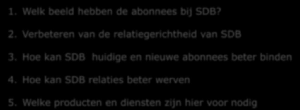 Wat Wilt U? - Doelstellingen 1. Welk beeld hebben de abonnees bij SDB? 2. Verbeteren van de relatiegerichtheid van SDB 3.