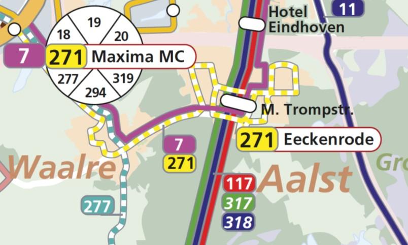 Openbaar vervoer In Waalre-dorp liggen 3 reguliere buslijnen. Lijn 277, een verbinding tussen Dommelen en Veldhoven. Lijn 7 en 271 loopt vanuit Veldhoven richting Aalst en visa versa.