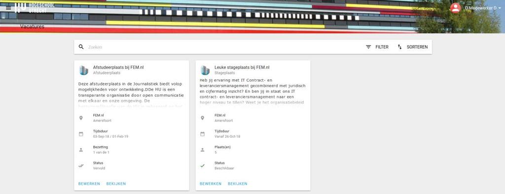 3 Vacatures Hier ziet u een overzicht van de openstaande vacatures van uw organisatie Figuur 3.3.1 Vacatures Zoeken U heeft de mogelijkheid om in uw vacatures te zoeken door middel van de zoekbalk en u kunt hier filteren en sorteren.