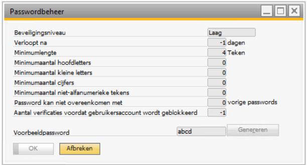 Wachtwoordbeheer in SAP Business One Beheer => Definitie => Gebruikers => Beveiliging => Passwordbeheer Beheer wachtwoord