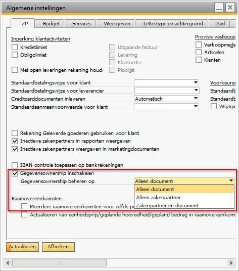 Gegevens ownership (1/3) Beheer => Systeeminstellingen => Algemene instellingen Functionaliteit Limiteer toegang tot zakenpartners / documenten per user/rol Rechten