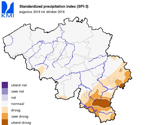 Geografische verdeling van de droogte index De genormaliseerde neerslagindex (SPI) laat toe om perioden van droogte te karakteriseren op basis van observaties van neerslag.